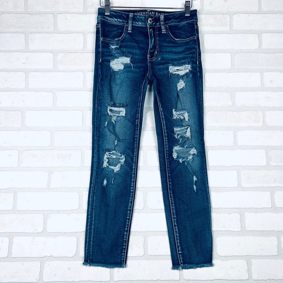 American Eagle Outfitters Jeggings Crop Distressed Dark Wash Womens Size 2 - Picture 1 of 13
